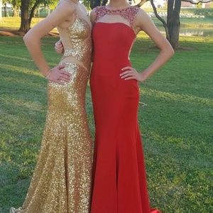 Red open back prom dress